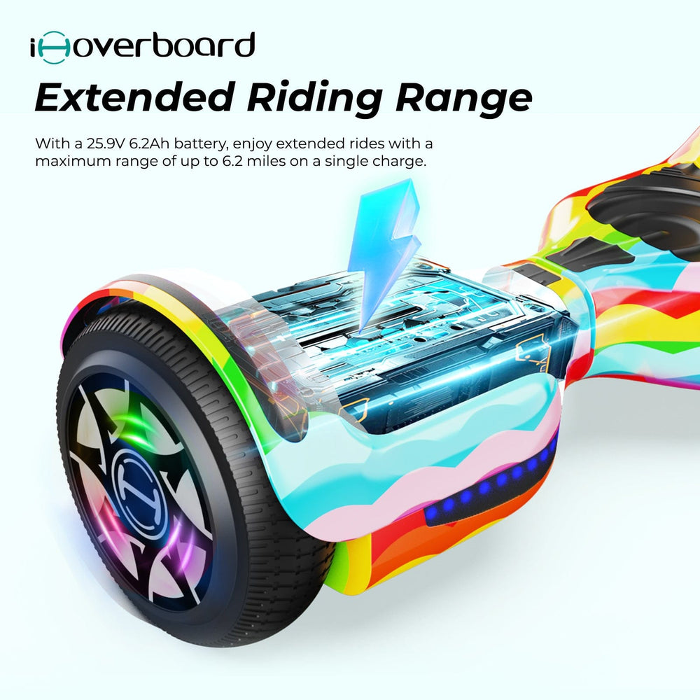 The iHoverboard Hoverboard for Kids, 6.5" Self-Balancing with Bluetooth and LED Lights (CE Certified-H1) features a visible 25.9V 6.2Ah battery, offering up to 6.2 miles per charge on this colorful children's electric hoverboard.