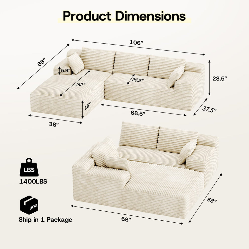 CyberCart Ares Minimalist 2-Seater Sofa Corduroy L-Shaped Gaming Sofa, 4-Seat Chaise Lounge, No Assembly, Beige
