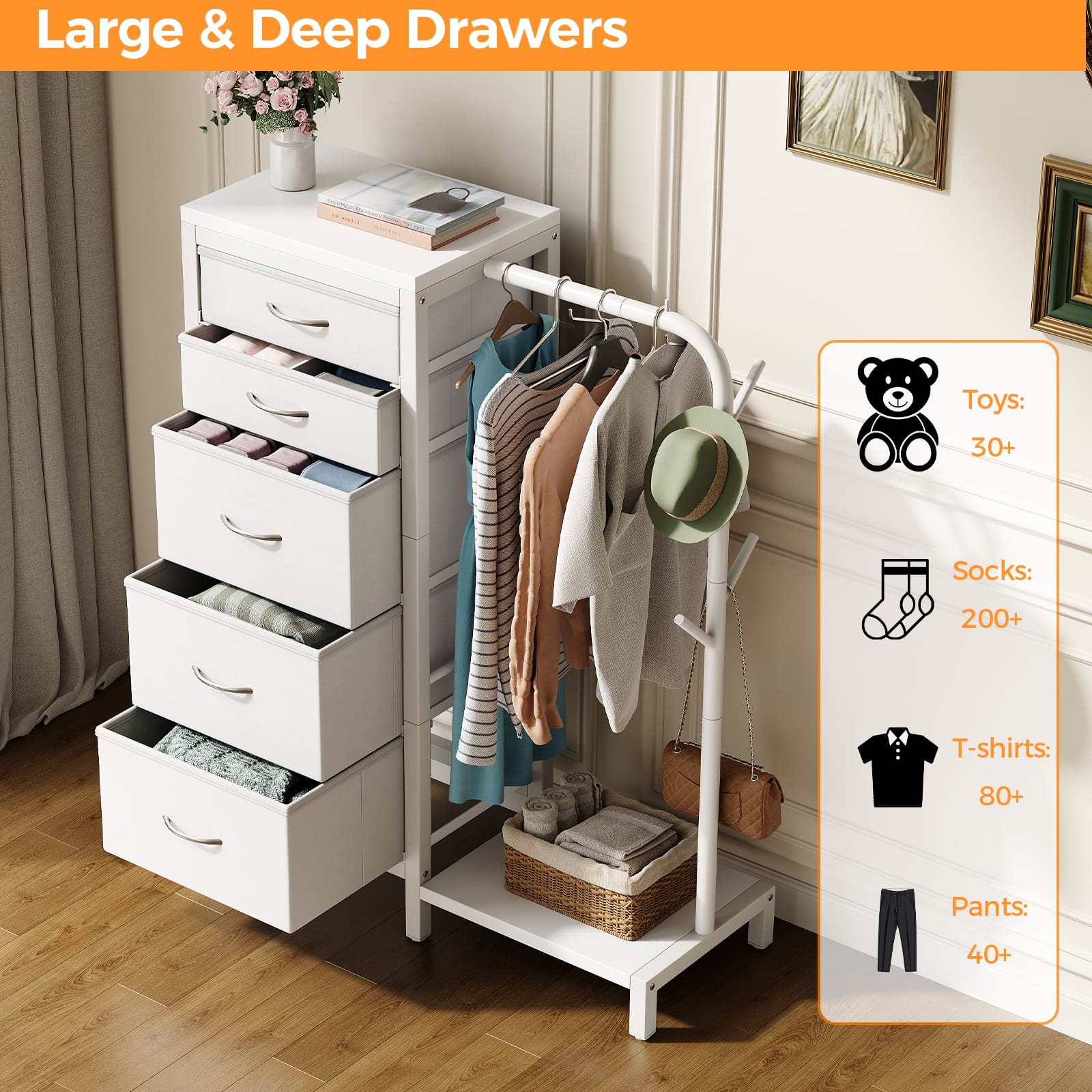 CyberCart Coat Rack, Wardrobe with 5 Fabric Drawers, Chest of Drawers with Clothes Rail