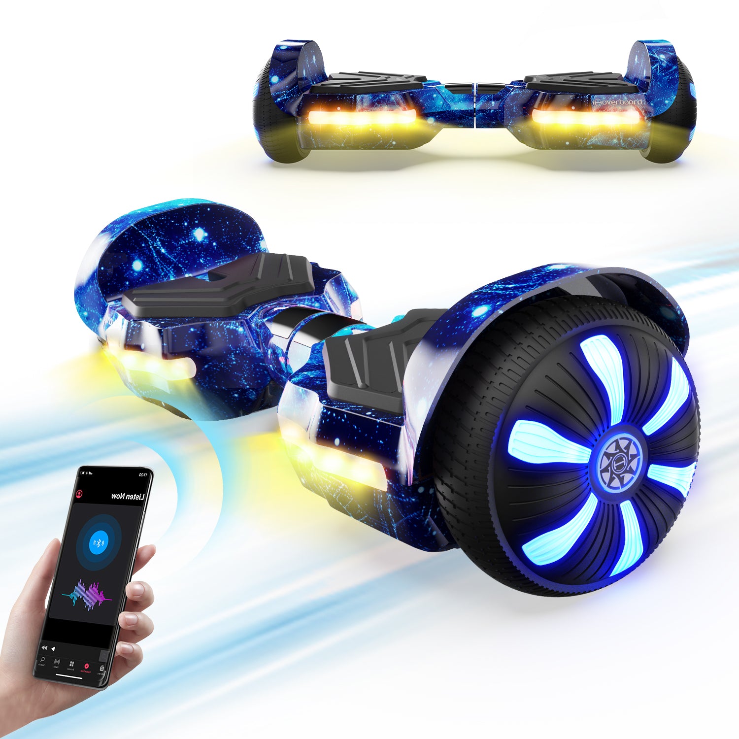 The iHoverboard Hoverboard for Kids Aged 6+ zips by with a blue galaxy design, glowing LED 6.5" wheels, and Bluetooth connectivity—self-balancing features and smartphone app control offer easy riding and customization.