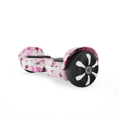A pink camo hoverboard h2 with black and white wheels is displayed against a white background, showcasing its stylish design.