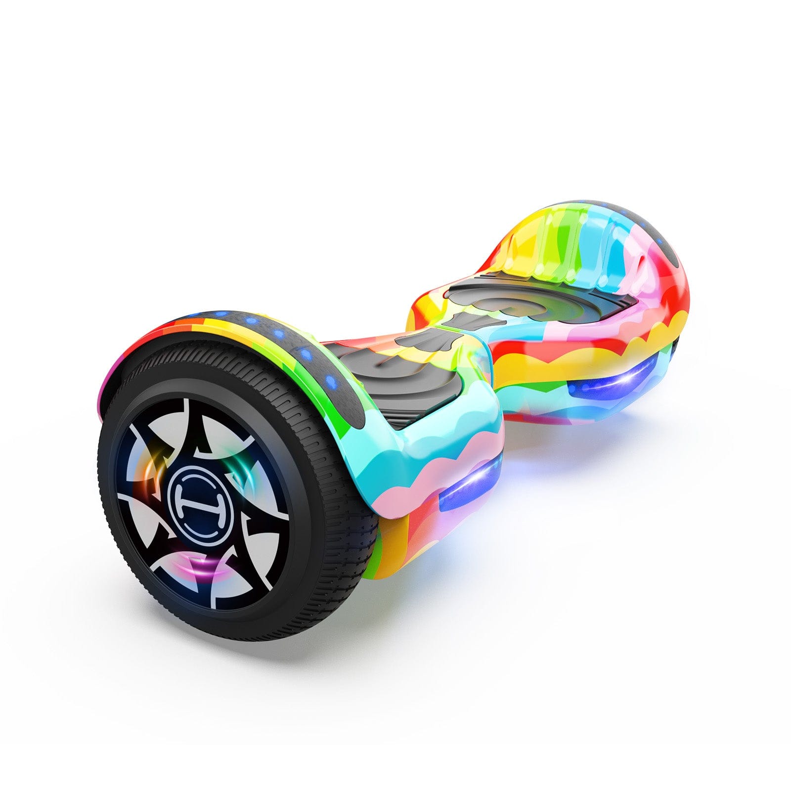 Glowing blue LED lights on the wheel of the H1 hoverboard.