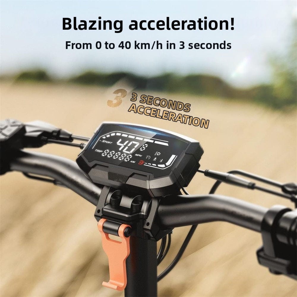 Close-up of an electric scooter's handlebar with a digital display showing a speed of 40 km/h, set against a blurred outdoor background. The text highlights "Blazing acceleration! From 0 to 40 km/h in 3 seconds" with a focus on rapid acceleration.