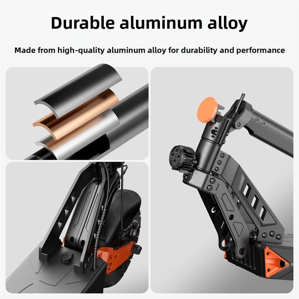 The image showcases a durable aluminum alloy structure, featuring cross-sections of layered metal tubes, a close-up of a robust scooter frame with orange accents, and detailed components for enhanced durability and performance.