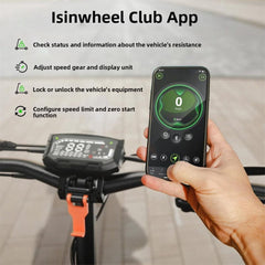 A person holds a smartphone displaying the Isinwheel Club App interface, which shows speed and battery information. In the background, an electronic dashboard is mounted on handlebars, with text detailing app features like speed adjustment and vehicle locking.