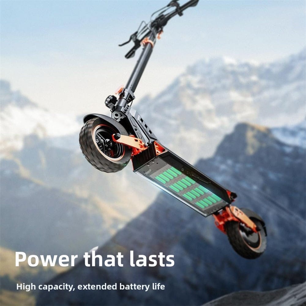 A sleek electric scooter with visible battery cells is shown against a mountainous backdrop, highlighting its high capacity and extended battery life.