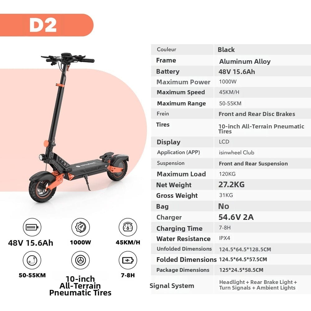A black electric scooter with orange accents is displayed on a light background. It features a sturdy aluminum alloy frame, 10-inch all-terrain pneumatic tires, and front and rear disc brakes. The scooter is powered by a 48V 15.6Ah battery, offering a maximum speed of 45 km/h and a range of 50-55 km. Key specifications like maximum load, charging time, and dimensions are listed alongside the image.