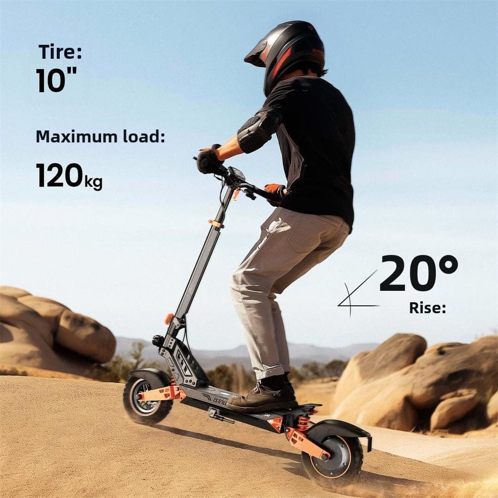 A person wearing a helmet rides an electric scooter uphill on a dirt path, with large rocks in the background. The scooter features 10-inch tires, supports a maximum load of 120 kg, and can handle a 20-degree incline.