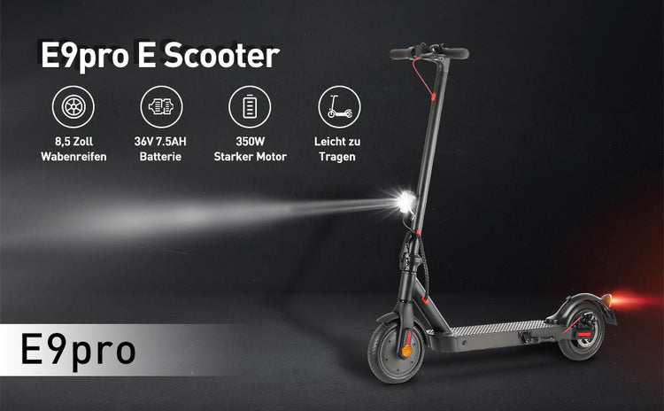 The E9PRO ABE Certification Electric Scooter - a foldable, street-legal electric scooter with 350W motor and 30km range, perfect for urban commuting.