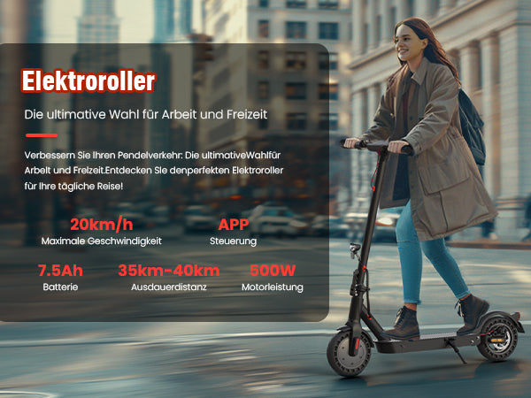 E9TMAX 500W electric scooter for adults, ABE certified and street legal in Germany. Features a 35-40 km range, 10" honeycomb tires, and a foldable design for easy portability.