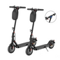 Black electric scooter with a close-up inset showing a part of the scooter.
