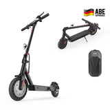 A sleek black electric scooter is shown in both upright and folded positions, featuring a sturdy frame and textured wheels. The scooter includes a small headlight and a visible kickstand. A separate image displays a black carrying case, and a German flag with "ABE Approved" is visible in the corner.