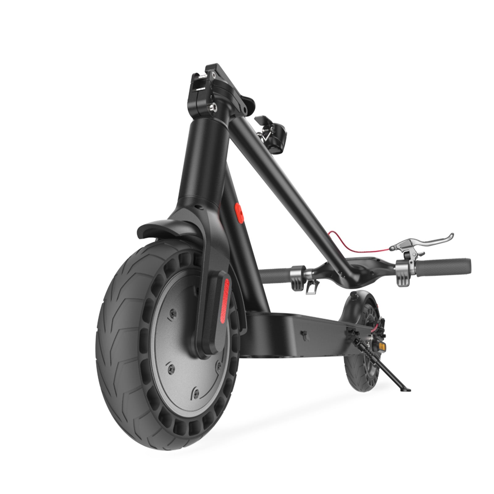 A sleek black electric scooter E9Tmax with a sturdy frame is shown from a low angle, highlighting its large front wheel and handlebars.