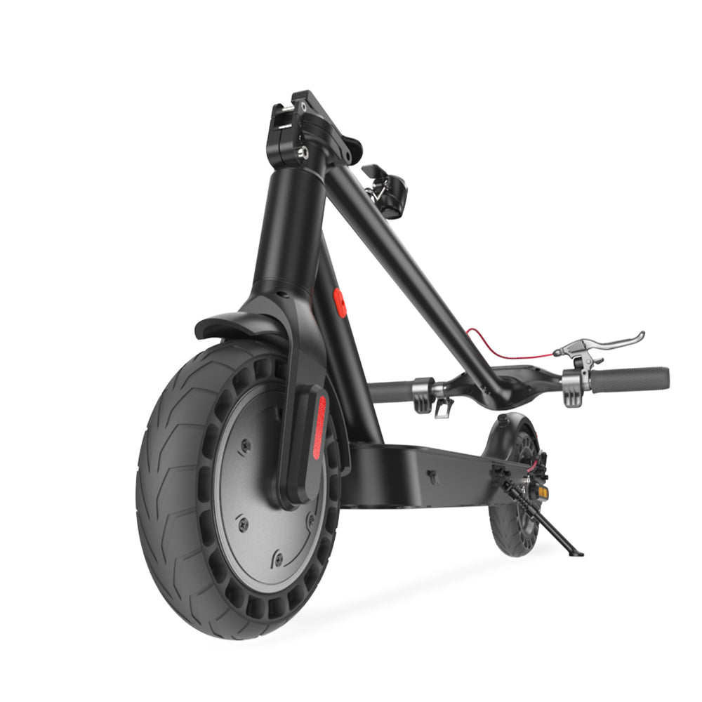 A sleek black electric scooter E9Tmax with a sturdy frame is shown from a low angle, highlighting its large front wheel and handlebars.