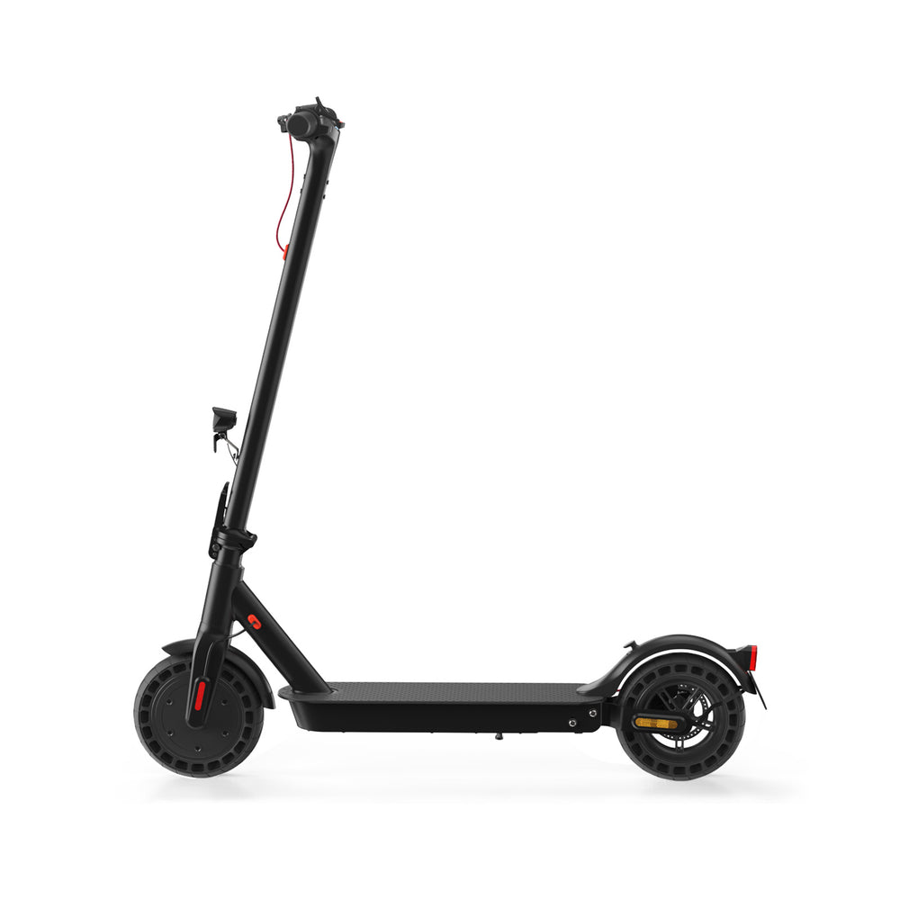 A sleek black electric scooter E9Tmax with a red brake cable, featuring solid tires and a minimalist design, is shown against a white background.