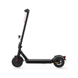 A sleek black electric scooter E9Tmax with a red brake cable, featuring solid tires and a minimalist design, is shown against a white background.