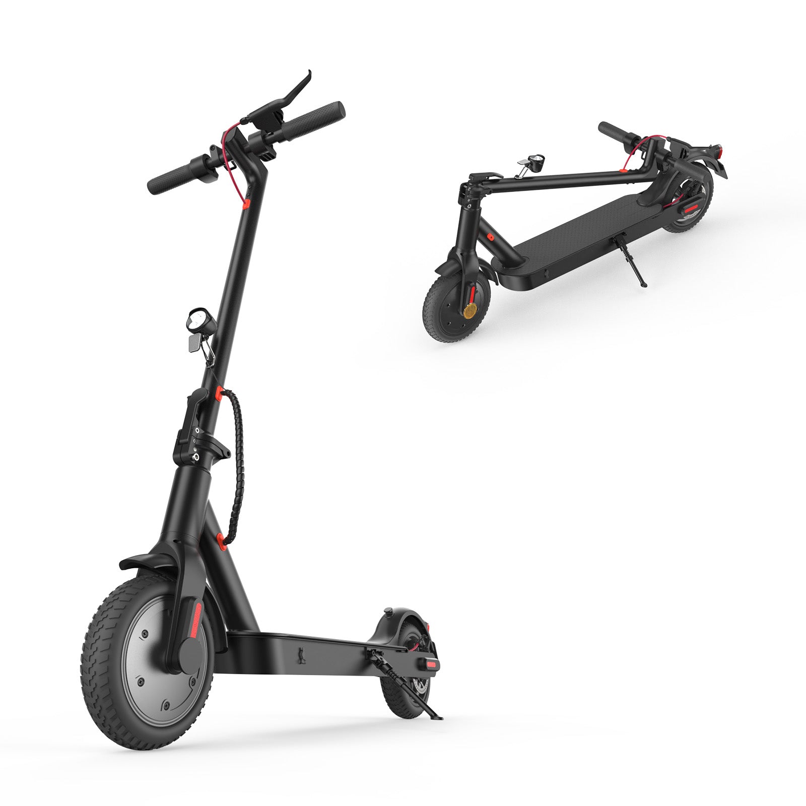 A sleek black electric scooter E9pro is shown in two positions: standing upright and folded. It features a sturdy frame, a headlight, and red accents on the wheels and handlebars.