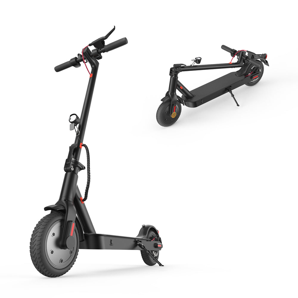 A sleek black electric scooter E9pro is shown in two positions: standing upright and folded. It features a sturdy frame, a headlight, and red accents on the wheels and handlebars.