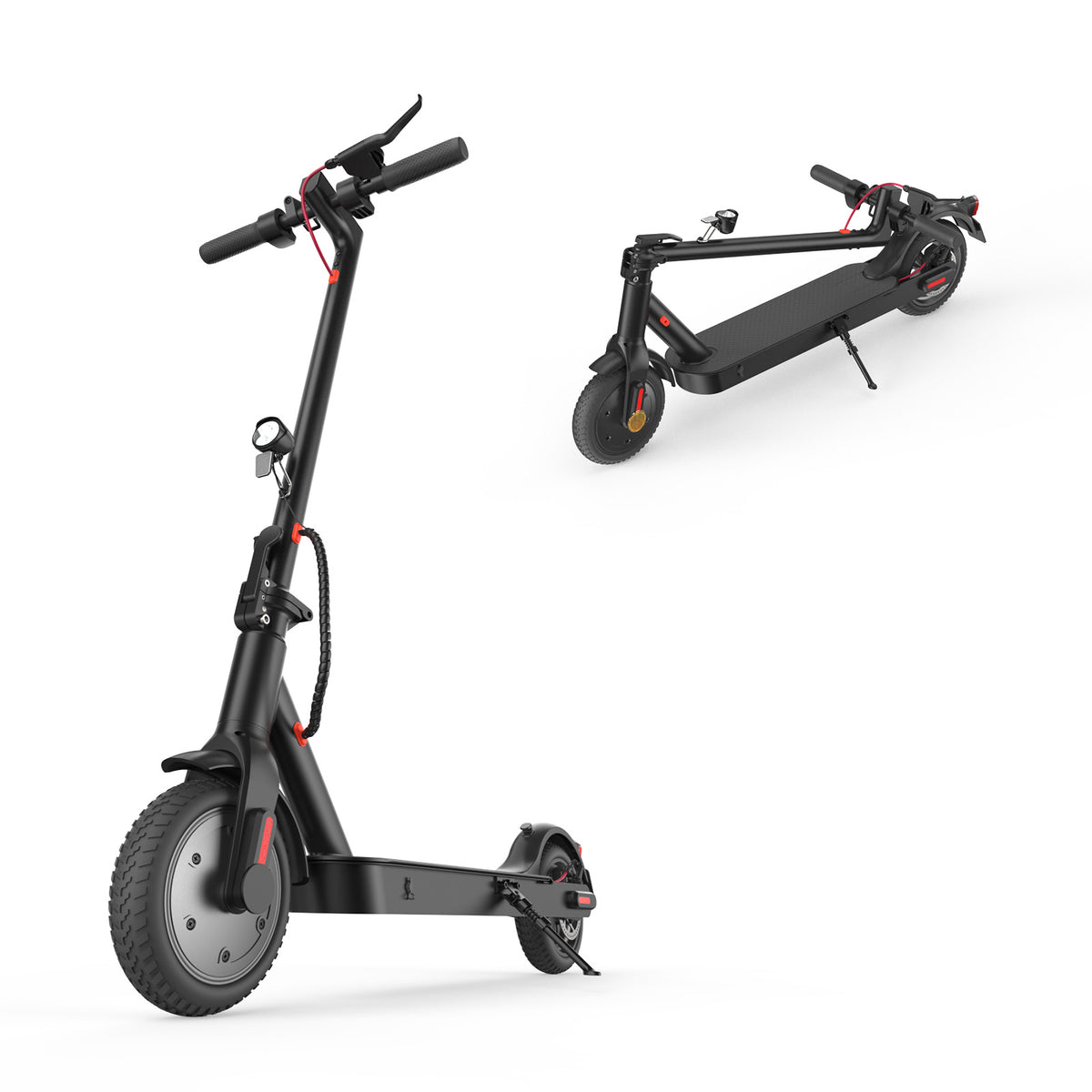 A sleek black electric scooter E9pro is shown in two positions: standing upright and folded. It features a sturdy frame, a headlight, and red accents on the wheels and handlebars.