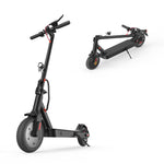 A sleek black electric scooter E9pro is shown in two positions: standing upright and folded. It features a sturdy frame, a headlight, and red accents on the wheels and handlebars.