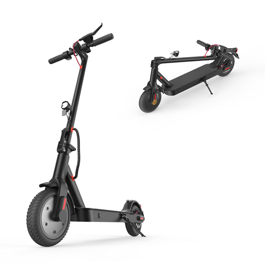 A sleek black electric scooter E9pro is shown in two positions: standing upright and folded. It features a sturdy frame, a headlight, and red accents on the wheels and handlebars. 1600