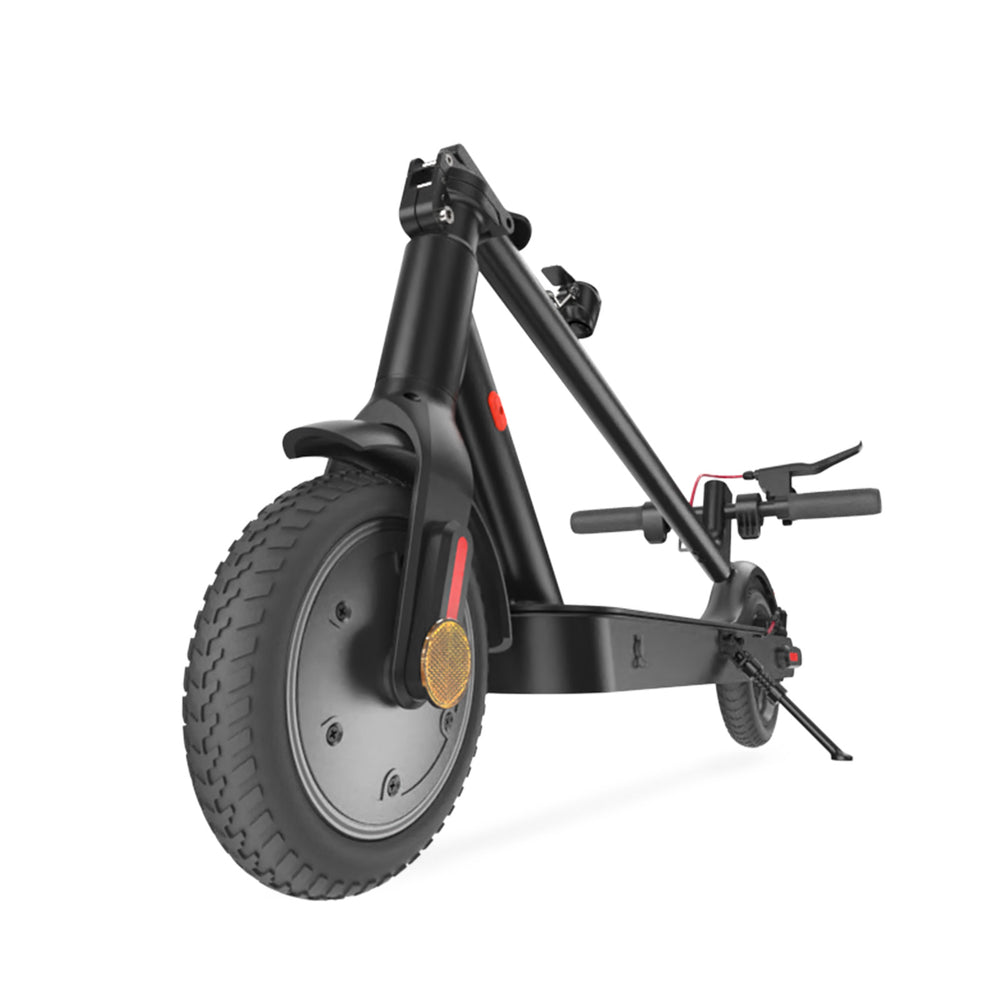 A sleek black electric scooter E9pro is folded, showcasing its front wheel with a textured tire and a reflective yellow marker. The handlebar is visible with grips and a brake lever, and the kickstand is extended for support.