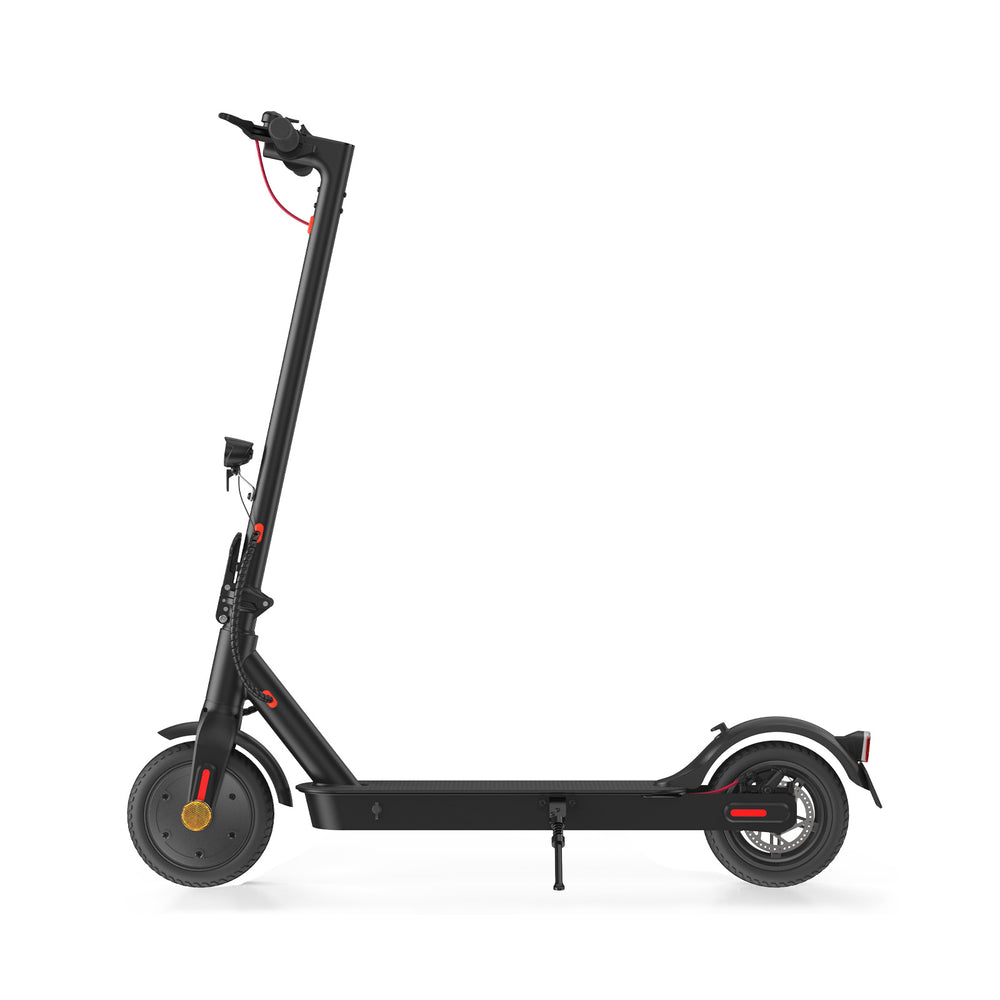 A sleek black electric scooter E9pro with red accents, featuring a sturdy frame, two wheels, and a kickstand, is shown in a side profile view against a white background.