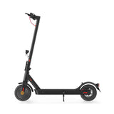 A sleek black electric scooter E9pro with red accents, featuring a sturdy frame, two wheels, and a kickstand, is shown in a side profile view against a white background.