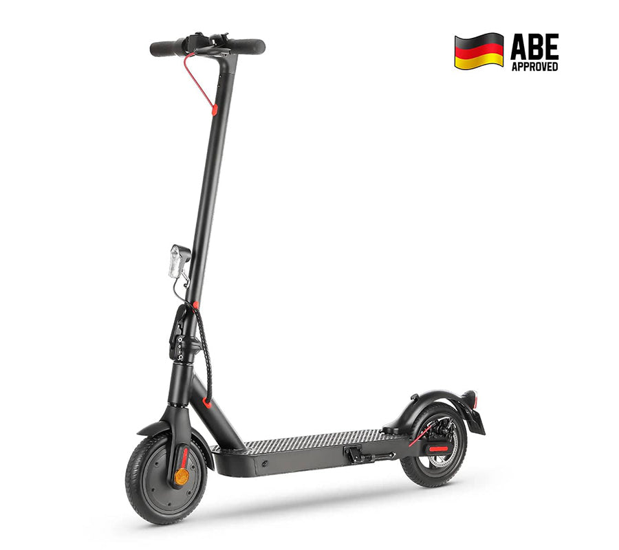 A sleek black electric scooter E9pro with a sturdy frame and red accents stands against a plain background, featuring a textured foot deck and compact wheels. The "ABE Approved" logo with a German flag is displayed in the top right corner.
