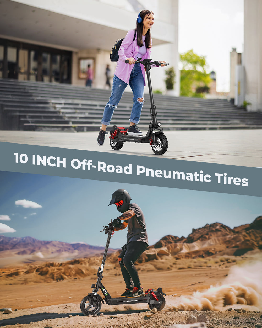 Split image: Top—a young woman rides the iSinwheel Electric Scooter 800W Foldable Off-Road E-Scooter – GT1 on city steps. Bottom—a man rides it off-road near mountains, dust flying. Text: “10-inch Off-Road Tires & 800W Motor.”.
