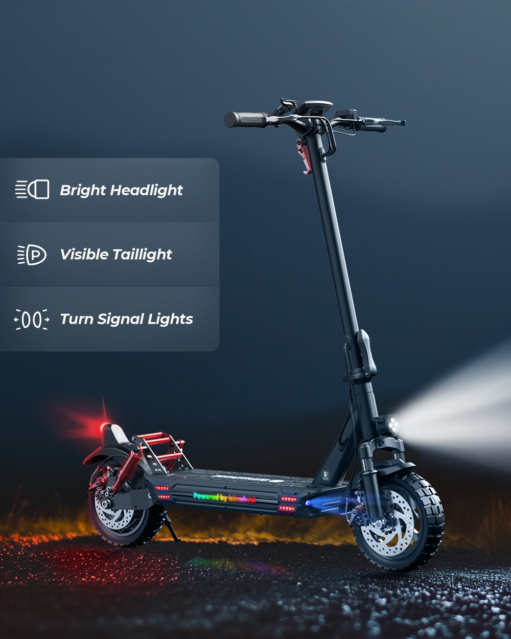 The iSinwheel Electric Scooter 800W Foldable Off-Road E-Scooter – GT1 navigates wet roads with bright headlight, taillight, and turn signals illuminated. Icons on the left showcase its key outdoor adventure features.