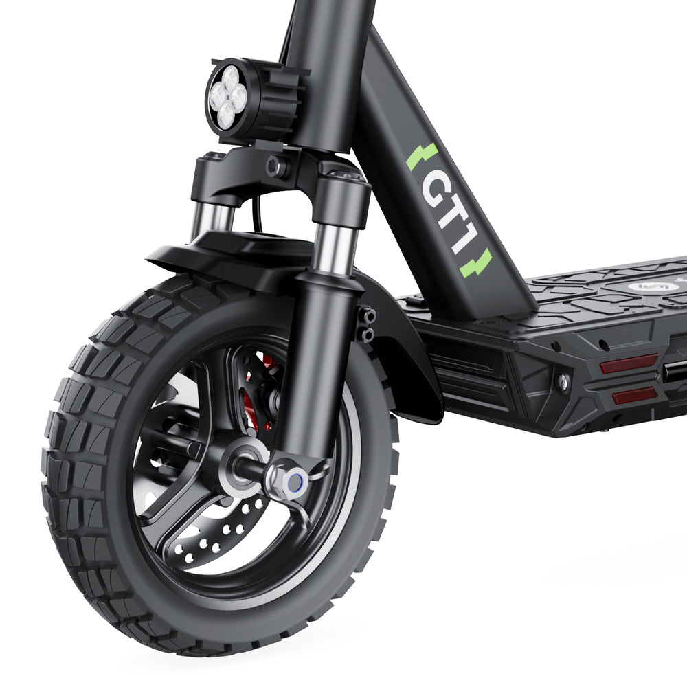 Close-up of the iSinwheel Electric Scooter 800W Foldable Off-Road E-Scooter – GT1, highlighting the front wheel, suspension, disc brake, tire, headlight, and textured platform—ideal for outdoor adventures.