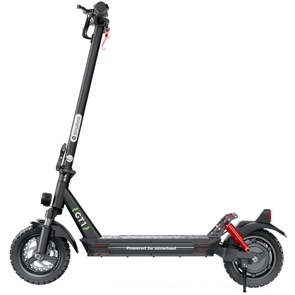 The iSinwheel Electric Scooter 800W Foldable Off-Road E-Scooter – GT1 features thick tires, a wide deck, red suspension, upright handlebars, and a kickstand. Ideal for outdoor adventures and labeled "Powered by iSinwheel" and "GT1.