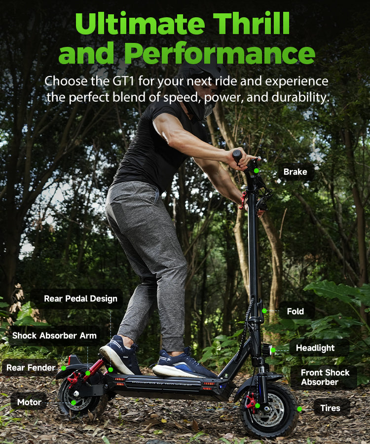 The isinwheel GT1 electric scooter being ridden on mountain trails.