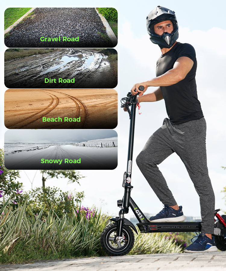 The isinwheel GT1 electric scooter demonstrating excellent all-terrain capability, maintaining stable performance on sand, snow, and various challenging surfaces.