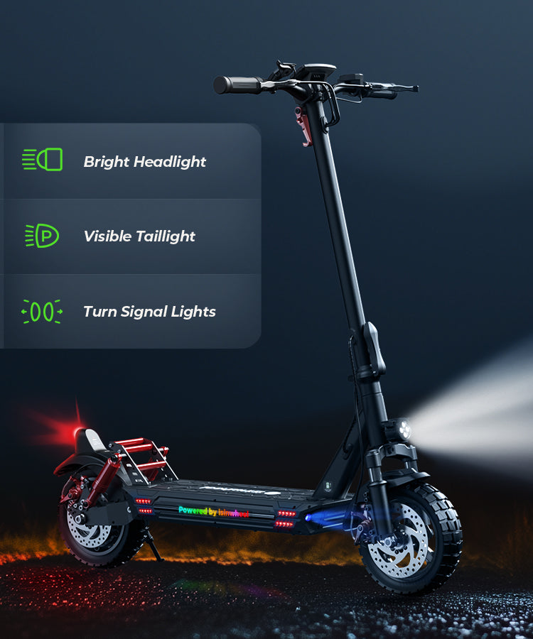 Night riding with the isinwheel GT1 electric scooter's bright LED lighting system.