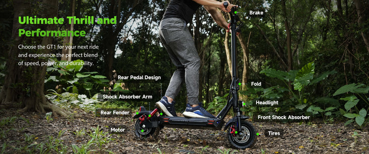 10-inch rugged pneumatic tires on the isinwheel GT1 electric scooter providing excellent traction on sand, snow and rough terrain.