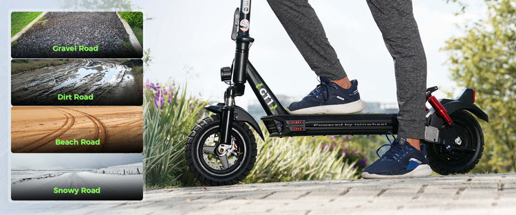 All-terrain capability of the isinwheel GT1 electric scooter conquering sand, mud and rocky paths with ease.