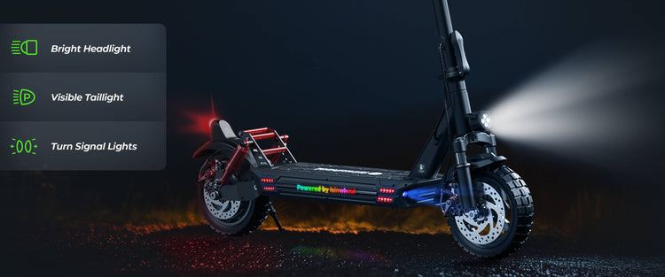 Bright LED lighting system on the isinwheel GT1 electric scooter ensuring safe night-time operation.