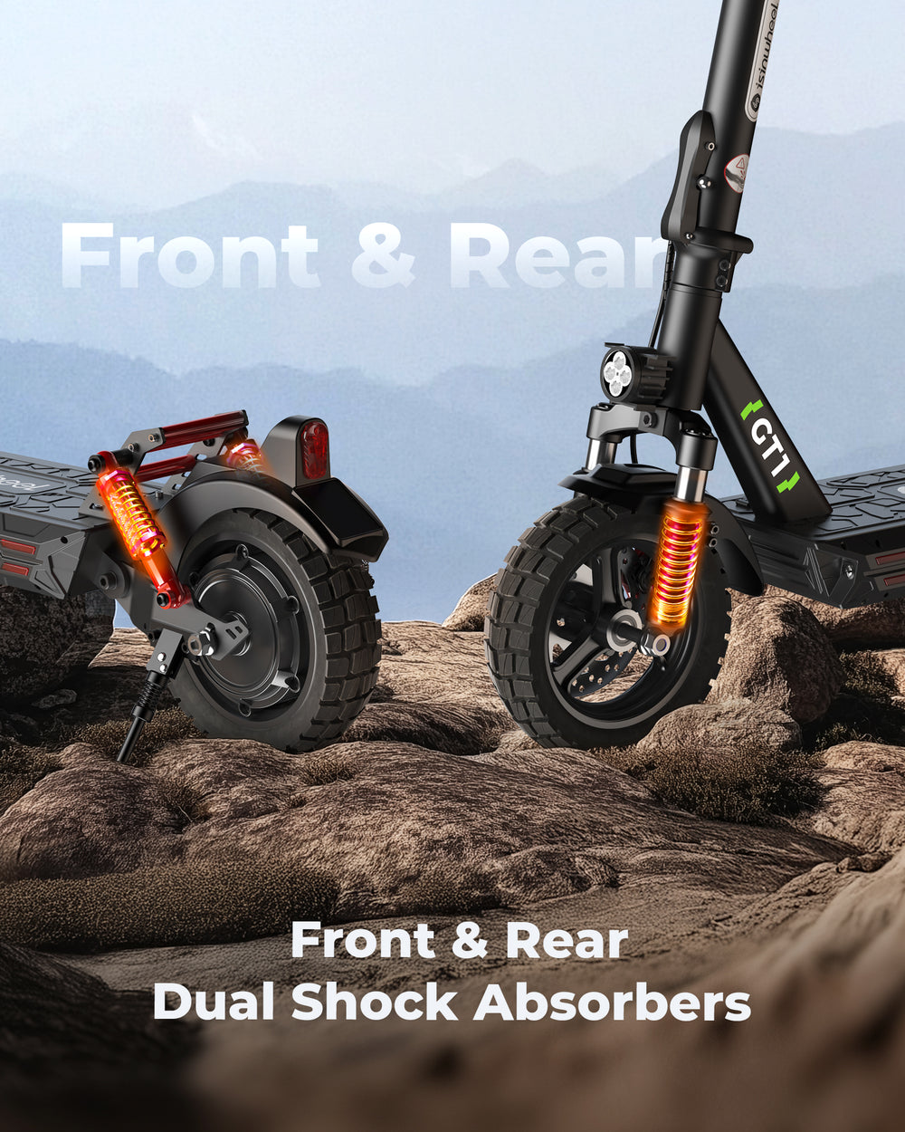 Two iSinwheel Electric Scooter 800W Foldable Off-Road E-Scooter – GT1s with large tires and orange front & rear dual shock absorbers are parked on rugged terrain. Mountains and a hazy sky frame the scene. Text: “Front & Rear Dual Shock Absorbers.”.