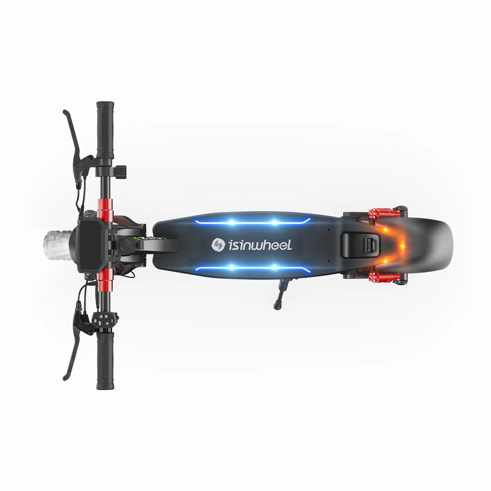 Top-down view of an iSinwheel Electric Scooter 1200W All-Terrain Foldable Off-Road E-Scooter – GT2, featuring blue and orange LED lights, detailed handlebar controls, and branding on the deck. Sleek design for smooth urban rides.