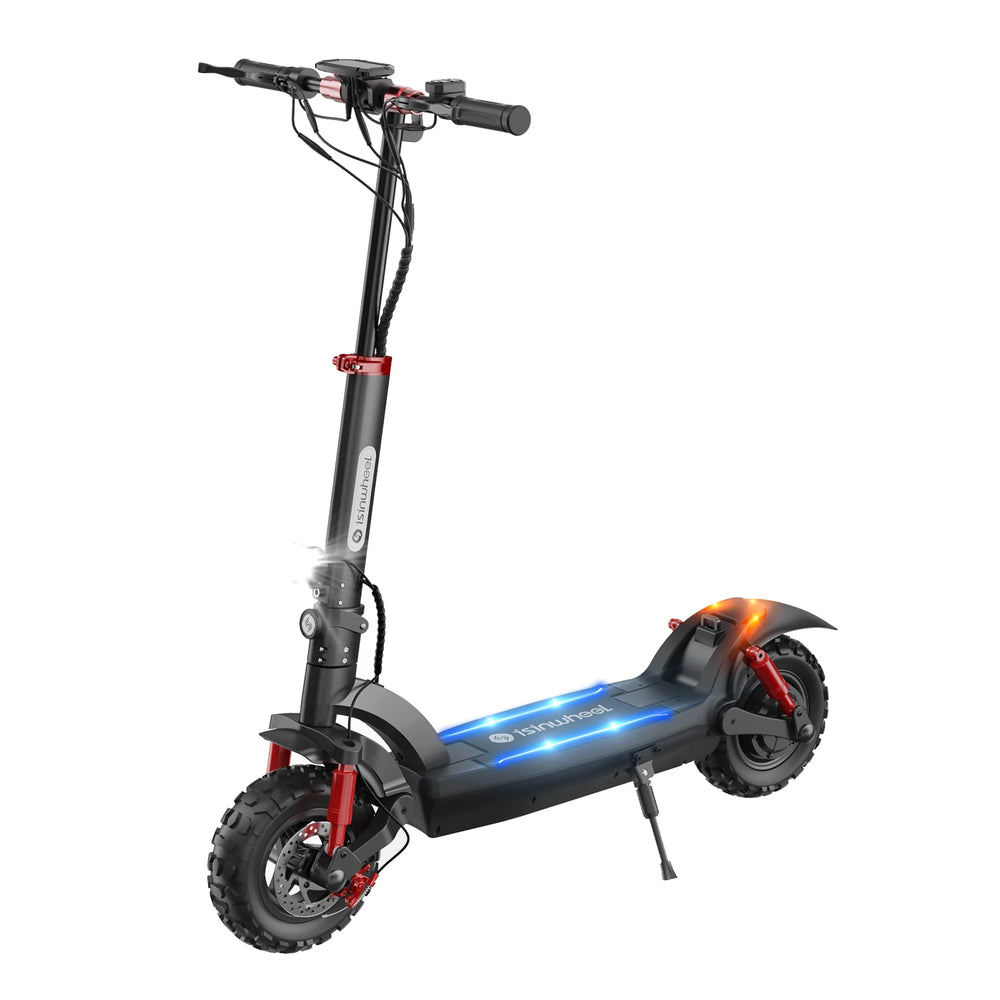 The iSinwheel Electric Scooter 1200W All-Terrain GT2, shown at an angle on a white background, features thick tires, red suspension, handlebars, a kickstand, and an illuminated deck in black and blue.