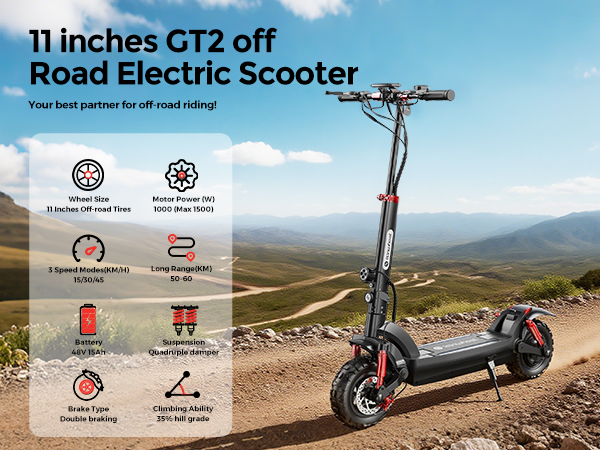 The isinwheel GT2 electric scooter is ready for adventure, combining a powerful 1000W motor with all-terrain tyres and dual suspension for comfortable, stylish cruising on any landscape.
