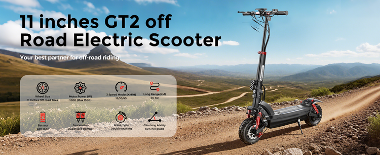 Comprehensive feature overview of the isinwheel GT2 electric scooter, integrating its 1000W motor, all-terrain tires, dual suspension, long-range battery, and foldable design for ultimate outdoor performance.