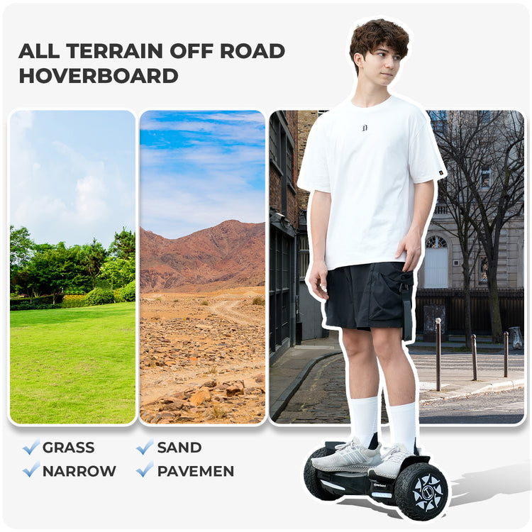 Versatile all-terrain capability of iHoverboard Hoverboard for Adults H8 on various surfaces such as grass, sand, narrow and pavement.