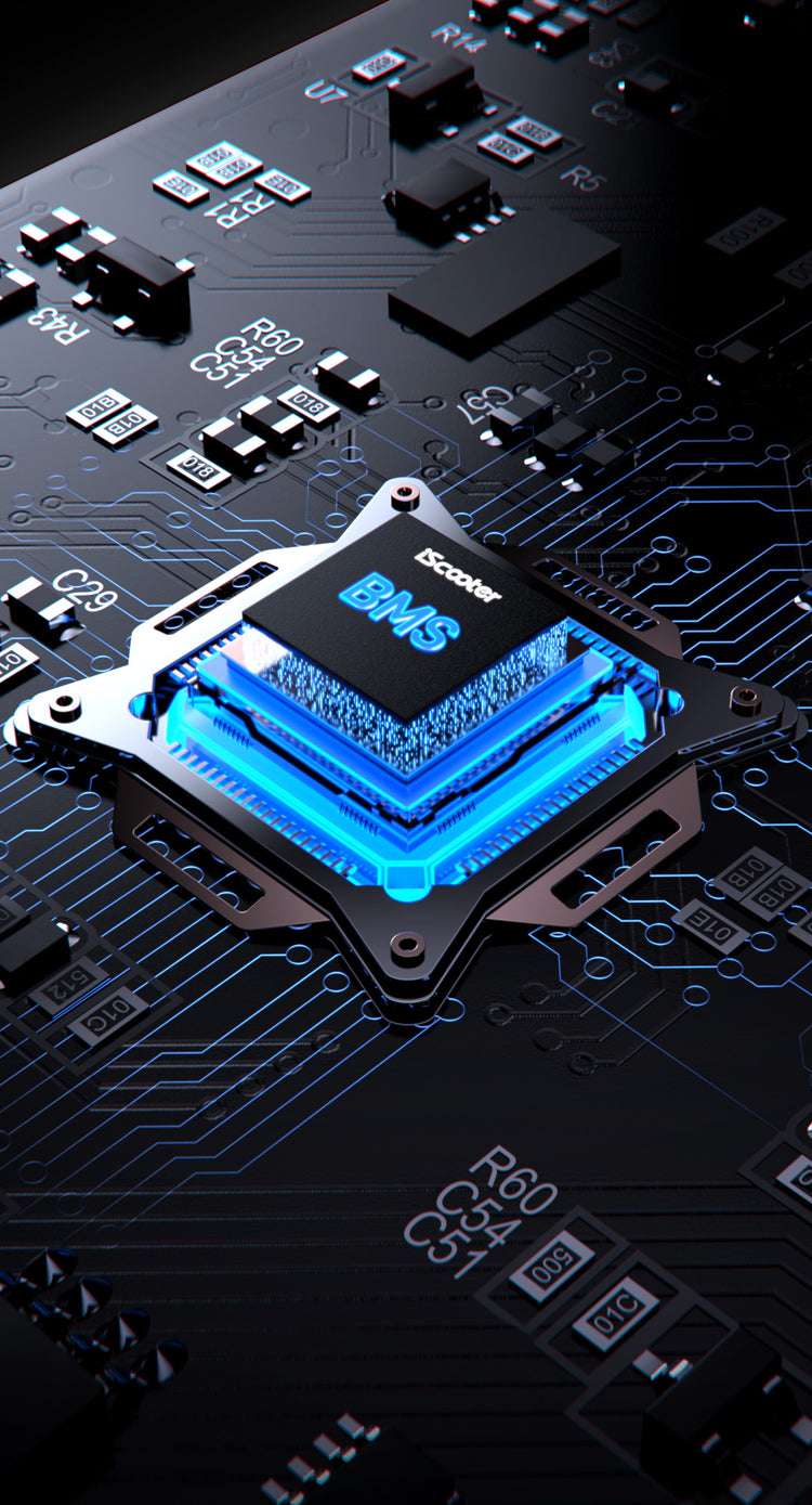 The iScooter i9Max electric scooter, which is DGT approved, features an advanced Battery Management System (BMS) chip on the circuit board to enable smart battery protection and efficiency optimization for reliable performance.