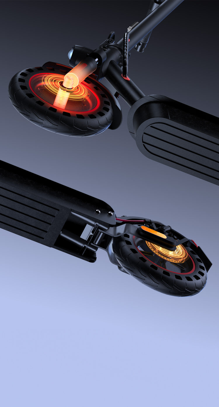 The iScooter i9Max electric scooter (DGT approved) showcases a dual brake system on both front and rear wheels, which enhances safety for urban riding in Spain.