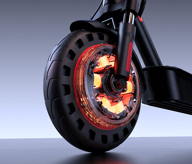 iScooter i9Max Electric Scooter (DGT Approved) – Close-Up of Powerful 500W Motor on Front Wheel for Strong Performance in Urban Riding in Spain