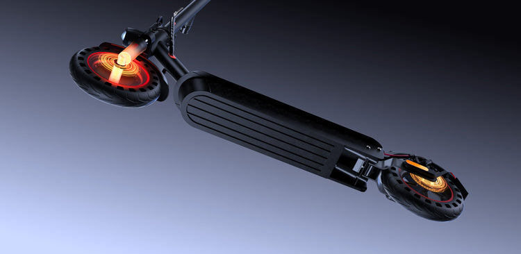 iScooter i9Max Electric Scooter (DGT Approved) – Close-Up of Illuminated Brake System on Wheels for Enhanced Safety