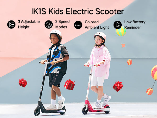 Key features of iScooter IK1S kids' electric scooter include 3-position handlebar, dual speed settings, colorful LED lighting system and smart battery protection